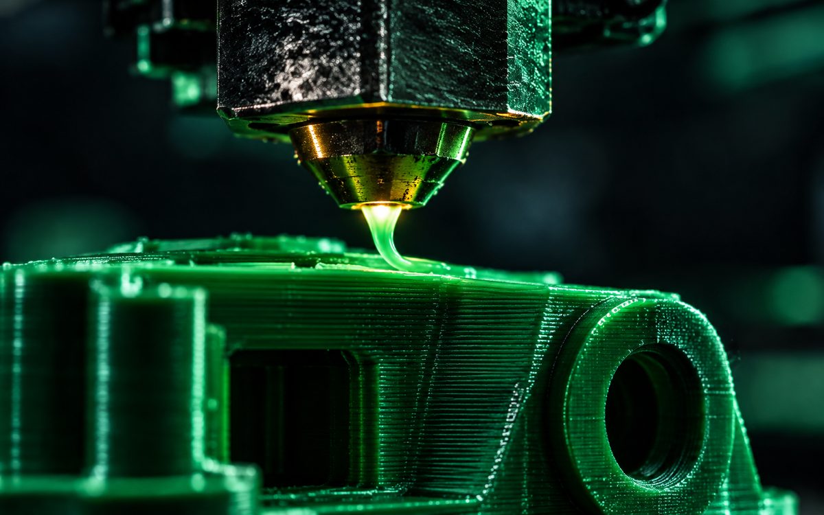 FDM printer depositing material onto a mechanical part