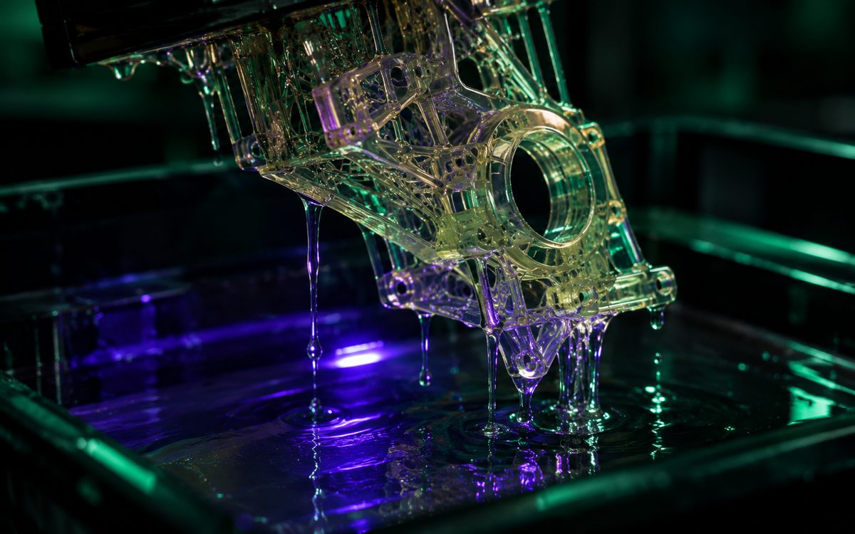 SLA resin printer curing a mechanical part with UV light