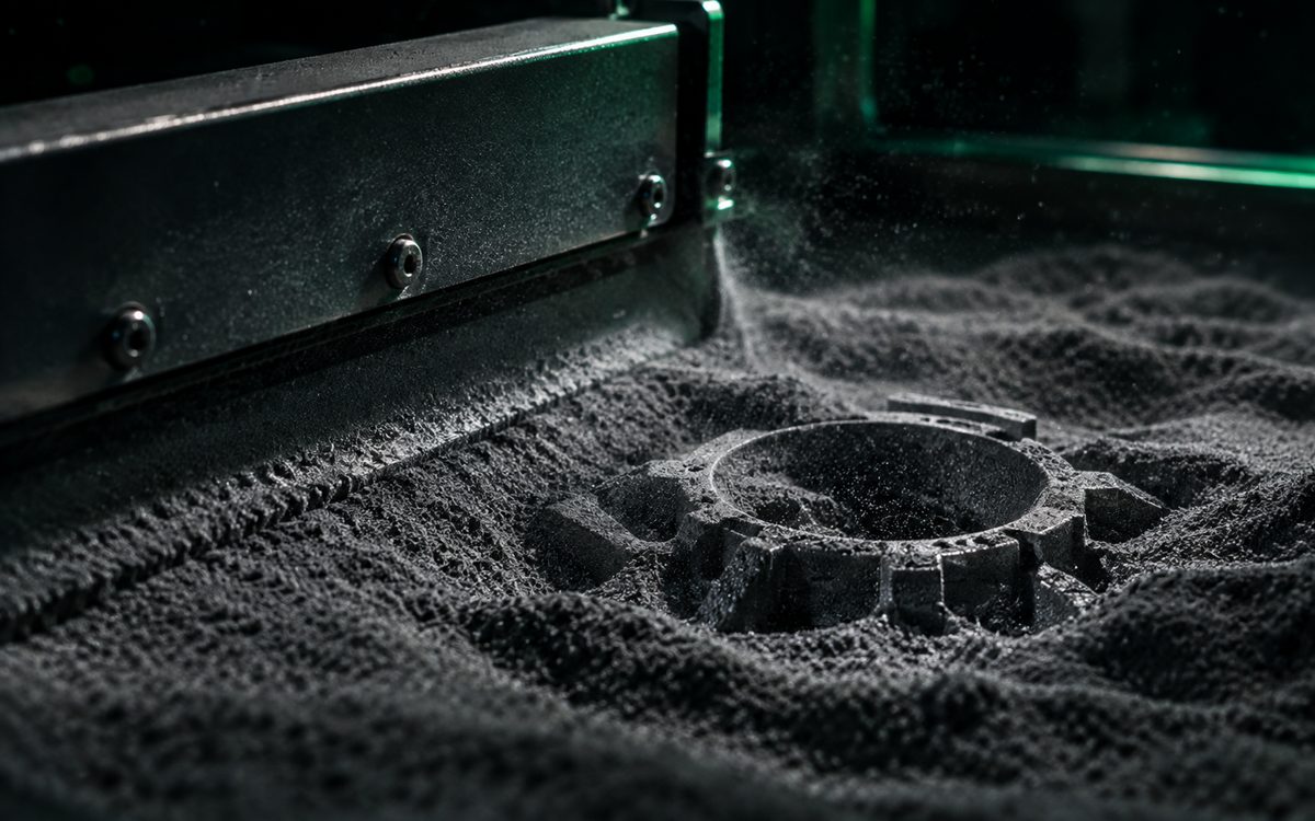 SLS powder-bed printer scanning a mechanical part